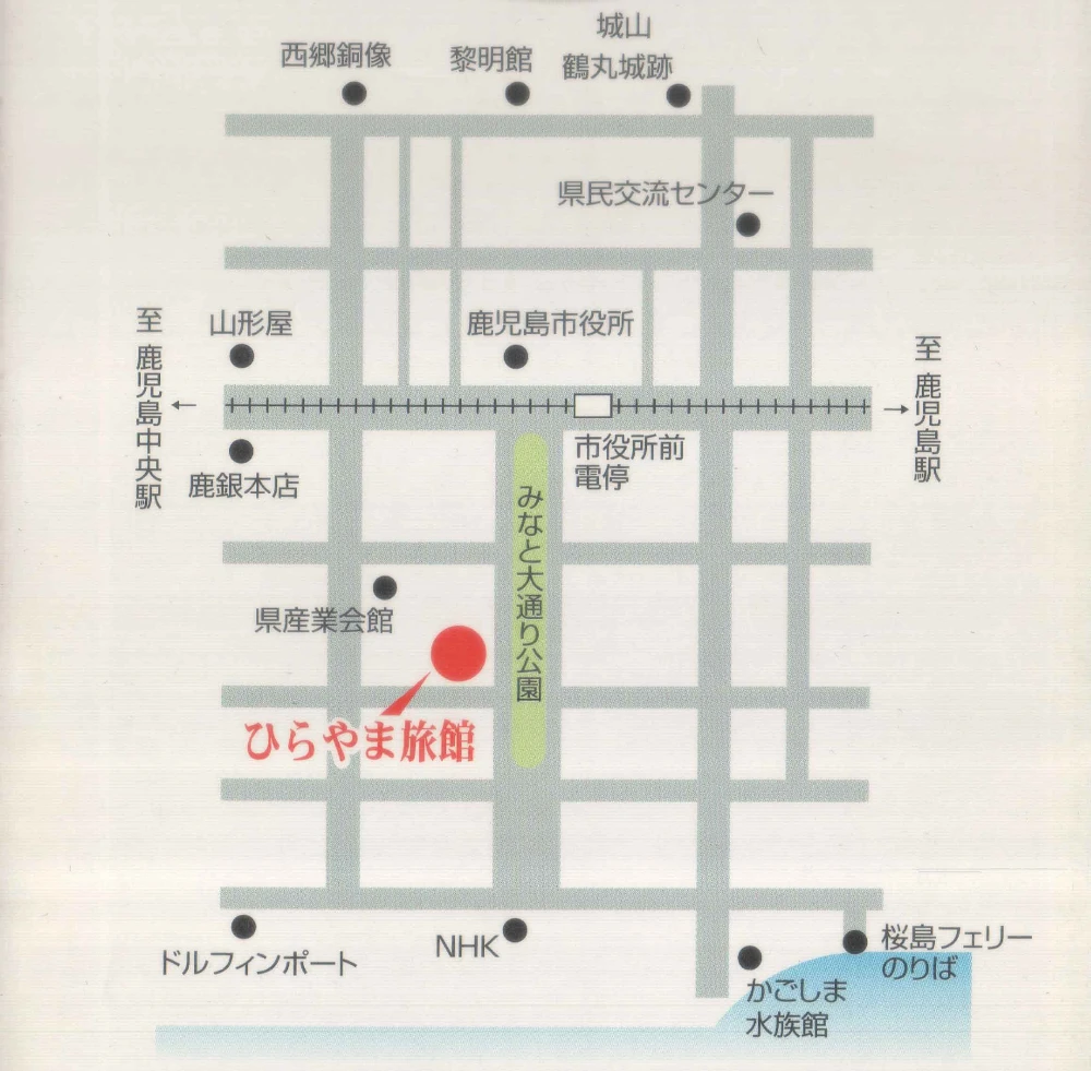 和風ビジネスひらやま旅館の周辺地図。みなと大通り公園に面した位置にある。